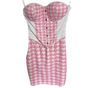 Akira Pink White Houndstooth Corset Mini Dress Strapless Bodycon Sz S NWT
